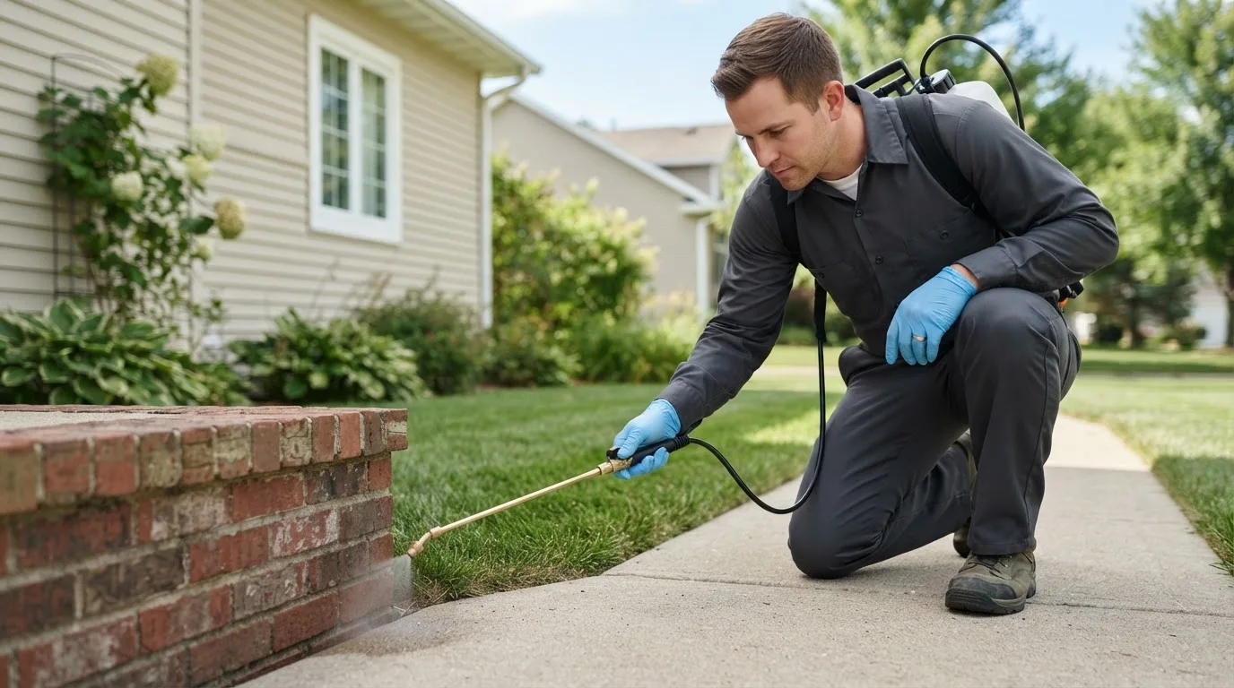 Pest control technician treating a home near Valparaiso, NE